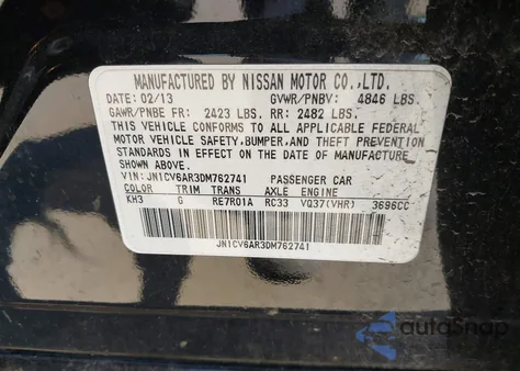 2013 Infiniti G37X from USA, damaged, VIN JN1CV6AR3DM762741